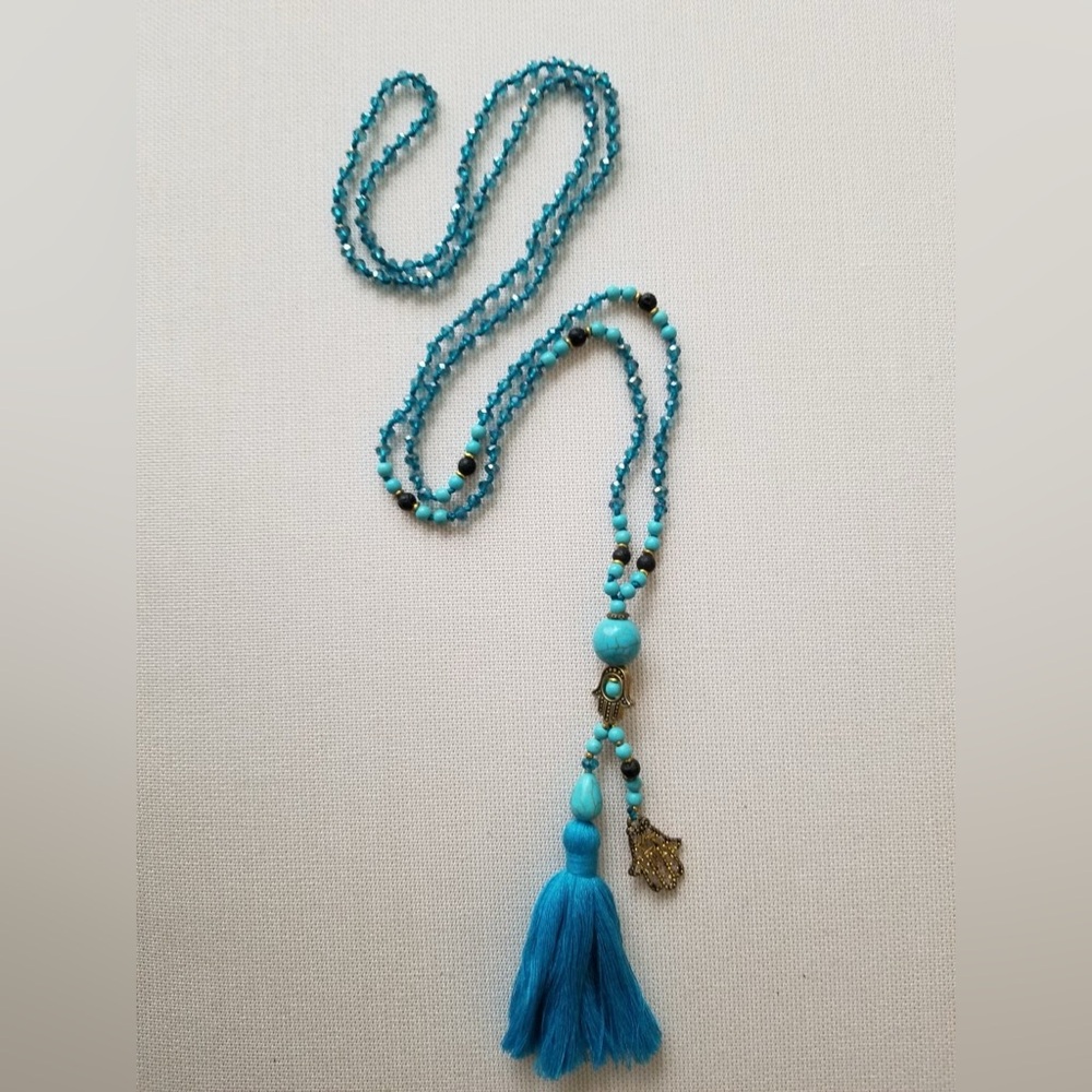 Long Turquoise Tassel Necklace with Hamsa Charm, Turquoise & Glass Beads 40”